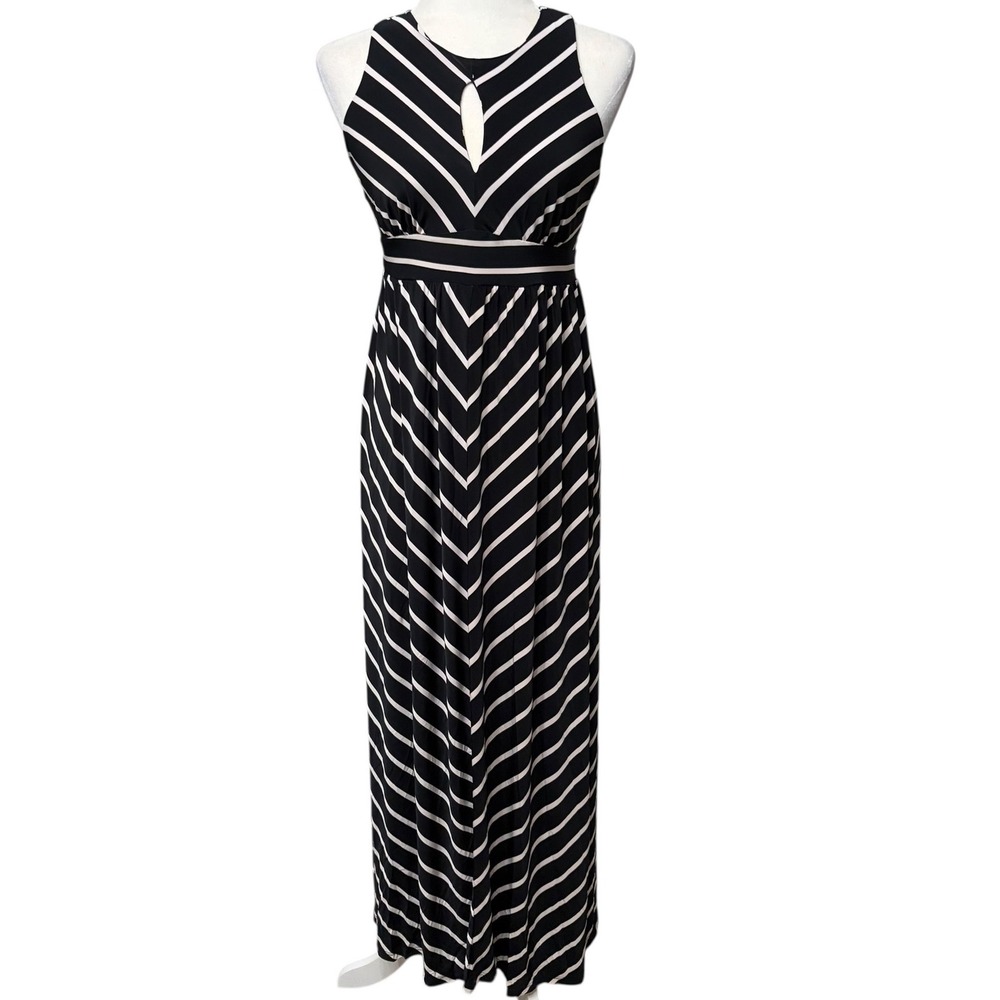 NWT INC Black White Striped Maxi Dress Keyhole Chevron Women's Petite Small PS
